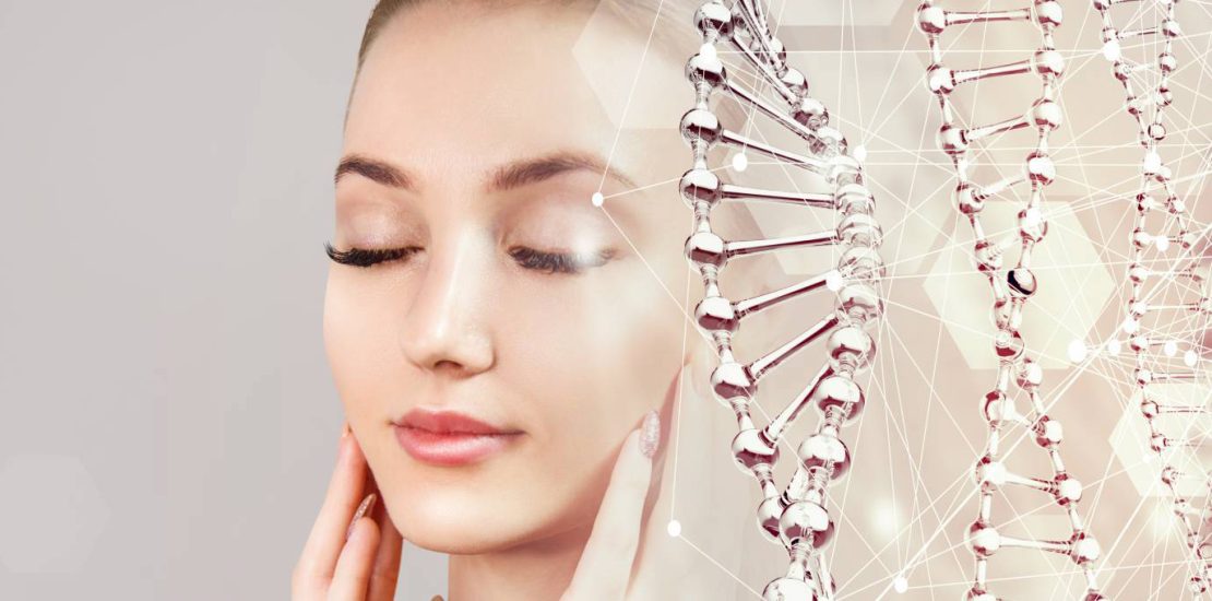 Beautiful sensual woman and glass DNA stems over beige background. Science of beauty concept